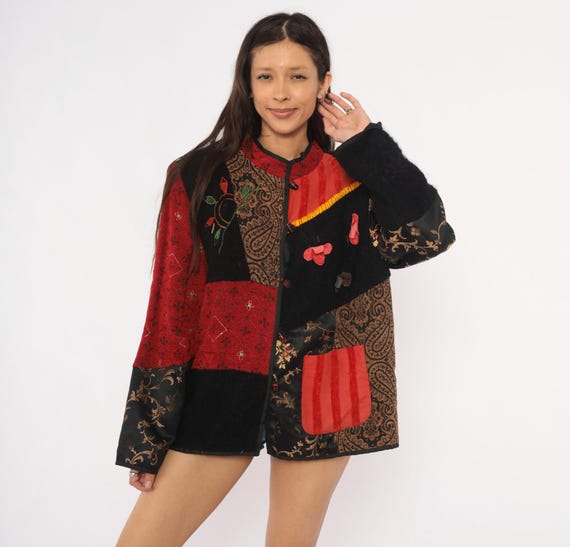 Patchwork Embroidered Jacket 2000s Black Red Paisley Floral Mandarin Collar Quilted Satin Coat Hippie Grunge Alt Textured Top Extra Large XL