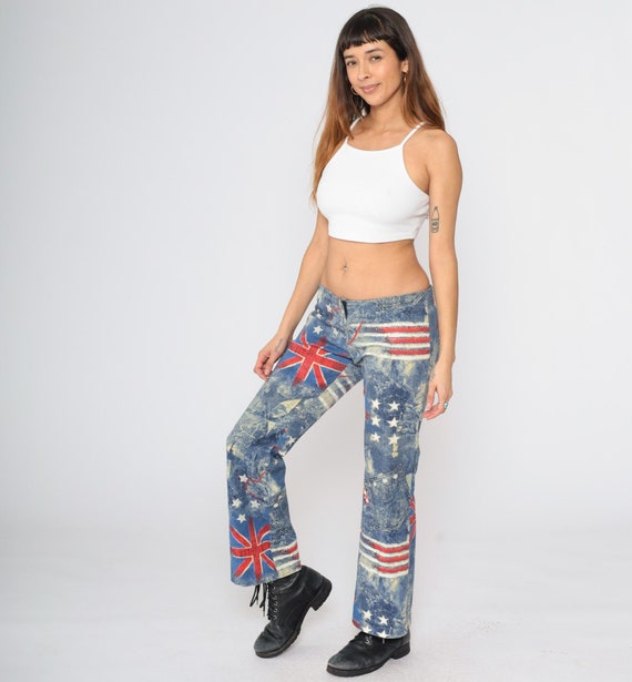 Y2K Flared Pants British and US Flag Print Low Rise Pants Stars & Stripes Blue Cotton Spandex Blend Vintage 2000s Large L