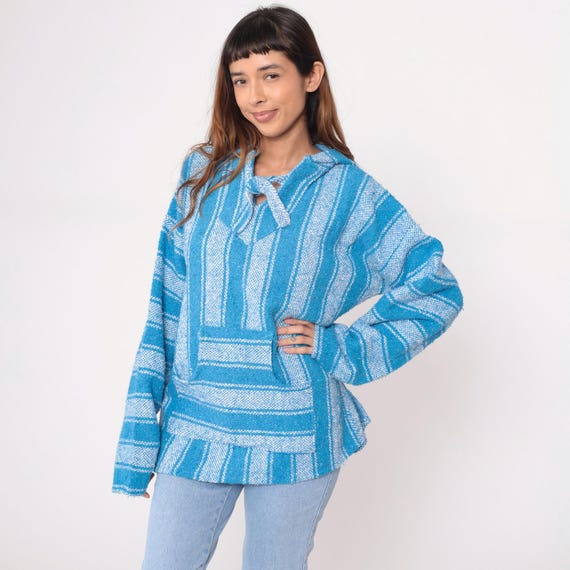 Blue Drug Rug 90s Baja Hoodie Blue White Striped  Pullover Sweatshirt Mexican Blanket Style Kangaroo Pocket Drawstring Vintage Unisex Large