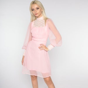 Pink Chiffon Dress 70s Mini Dress Retro Pastel Lace Bib Mock Neck High Waisted Long Sheer Sleeve Girly Kawaii Vintage 60s Extra Small xs
