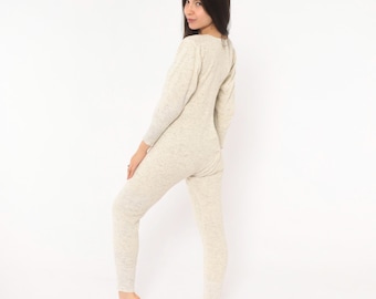 50s Union Suit Oatmeal Wool Cotton One Piece Long Johns Henley Jumpsuit Cream Grey Heathered Knit Thermal JCPenney Longjohn Extra Small XS
