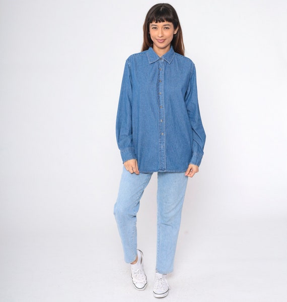 90s Denim Shirt Blue Jean Button Up Pocketless Smooth Front Long Sleeve Boyfriend Shirt Chambray Blouse Cotton Vintage 1990s Extra Large xl
