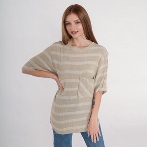 Striped Pocket Tee 90s Tan T-Shirt Basic TShirt Streetwear Crewneck Pocket Short Sleeve Top Neutral Tonal Minimal Rayon Vintage 1990s Small image 2