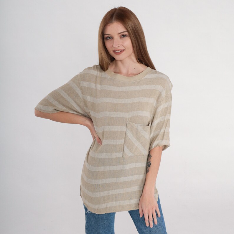 Striped Pocket Tee 90s Tan T-Shirt Basic TShirt Streetwear Crewneck Pocket Short Sleeve Top Neutral Tonal Minimal Rayon Vintage 1990s Small image 2
