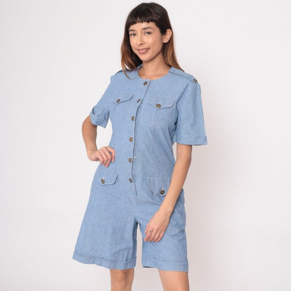 90s Denim Romper Military Inspired Blue Chambray Playsuit Jean Shorts Cuffed Leg Epaulette 1990s Vintage Short Sleeve Button Up Medium 8