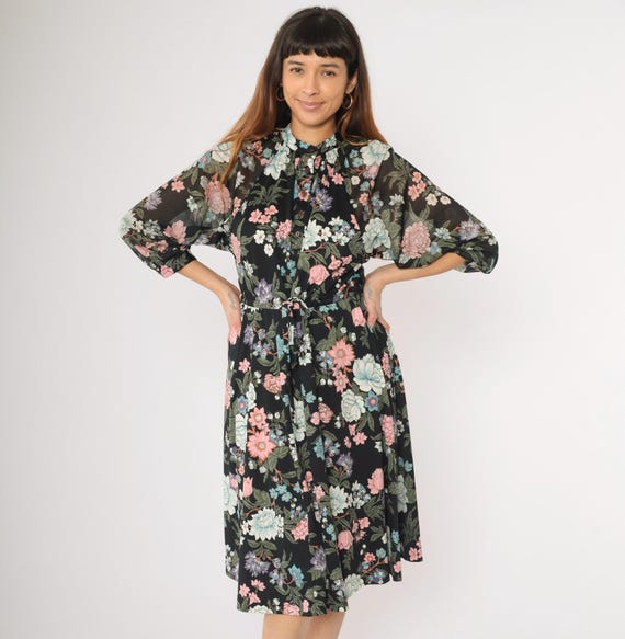 Vintage Floral Dress 70s Black Midi Button Up Sheer 3/4 Sleeve 1970s Cottagecore Drawstring Waist Romantic Pastel Blue Pink Medium
