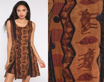 Boho Mini Dress 90s Brown Cow Dress Petroglyph Print Sun Bohemian Animal Grunge Button Tank Dress 1990s Hippie Vintage Sleeveless Medium M