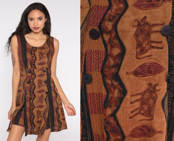 Boho Mini Dress 90s Brown Cow Dress Petroglyph Print Sun Bohemian Animal Grunge Button Tank Dress 1990s Hippie Vintage Sleeveless Medium M