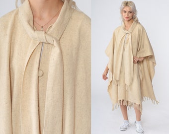 Cream Wool Cape Coat 70s Poncho Jacket Button up Cloak Necktie Hanky Hem Neck Tie Scarf Bow Boho Fringe Vintage 1970s Small Medium Large XL