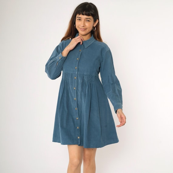 Vintage Corduroy Babydoll Dress 90s Blue Mini Button Up Empire Waist Long Sleeve Retro Basic Plain Preppy Smocked 1990s Medium 8 Petite