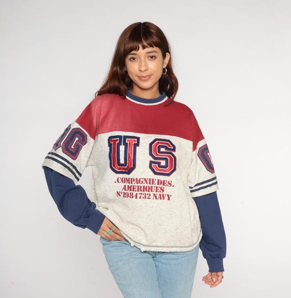 Varsity Sweatshirt 90s USA Vintage Compagnie Des Ameriques Red White Blue Color Block Applique Athletic Collegiate Sports Pullover Large L