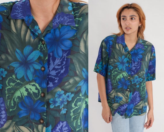 Tropical Floral Blouse 80s Button Up Shirt Blue Short Sleeve Top Boho 1980s Vintage Hawaiian Jungle Shirt Botanical Large L