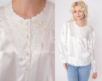 White Beaded Satin Top 80s Sequin Paisley Blouse Embroidered Cutwork Party Button Up Shirt Puff Sleeve Romantic Top Vintage 1980s Large 14