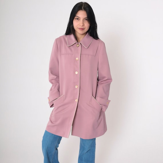 Mauve Trench Coat 80s Button up Knee Length Jacket Retro Basic Peacoat Long Mod Trenchcoat Chic Tailored Vintage 1980s Extra Small xs