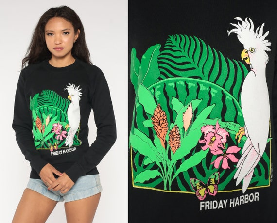 Friday Harbor Sweatshirt 90s Cockatoo Jungle Shirt Tropical Bird Raglan Sleeve Wildlife Washington State Graphic Black 1990s Extra Small xs