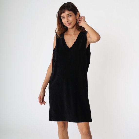 Black Shift Dress 90s Mini Dress V Neck Plain Sle… - image 3