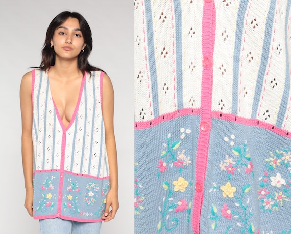 Floral Sweater Vest 90s Pointelle Knit Button up Vest White Pink Blue Flower Print Retro Sleeveless Shabby Chic Vintage 1990s Extra Large xl