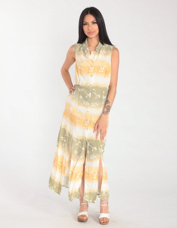 Striped Floral Dress Y2K Button Up Maxi Dress Front Slit Sleeveless White Orange Green Tie Dye Collared Shirtdress Vintage 00s Medium 10