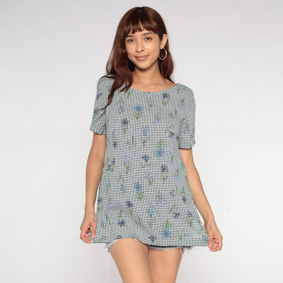 90s Floral Gingham Tunic Black White Check Floral Short Sleeve Cottagecore Relaxed Fit Vintage Checkered Blouse Top Blue Flower Print Small