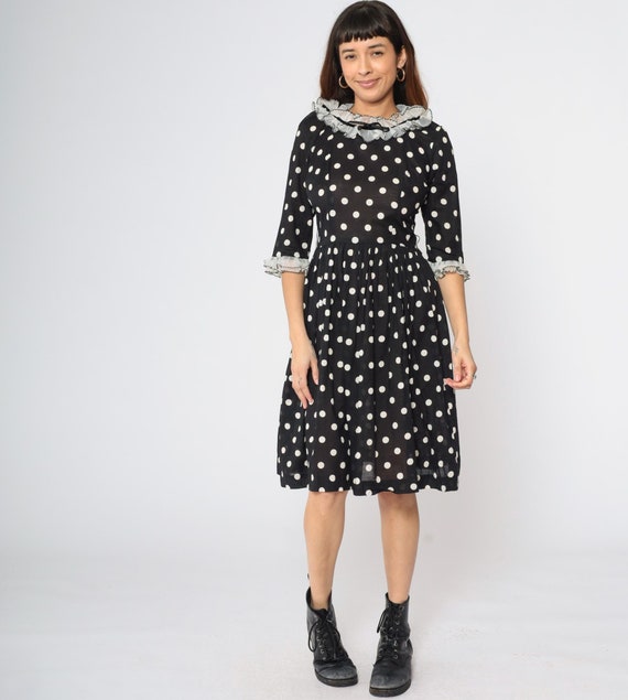 60s Polka Dot Dress Ruffle Party Dress Black & White Formal Midi Dress High Waisted Full Skirt Retro Pin Up 3/4 Sleeve Vintage 1960s Small S