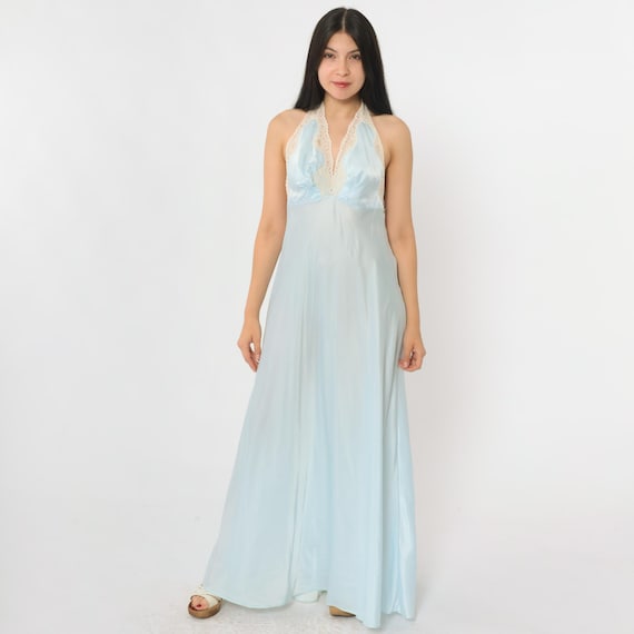 70s Blue Nightgown Set with Robe Halter Neck Two Piece Nightie Lace Trim Bell Sleeve Nylon Lingerie 1970s Empire Waist Vintage Medium 36