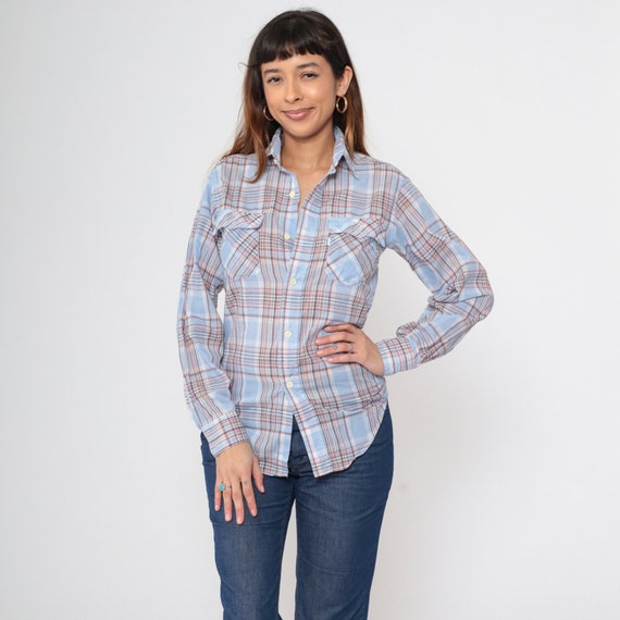 Plaid Levis Shirt 80s Button Up Shirt Baby Blue Checkered Shirt Long Sleeve Levi Strauss Check Print Top Western Vintage 1980s Small S