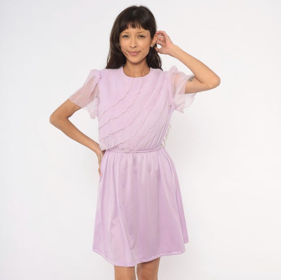 70s Fairycore Lilac Chiffon Dress Ruffle Bodice Flutter Sleeve Elastic Waist Lavender Purple Violet Summer Spring Vintage Small Medium S M