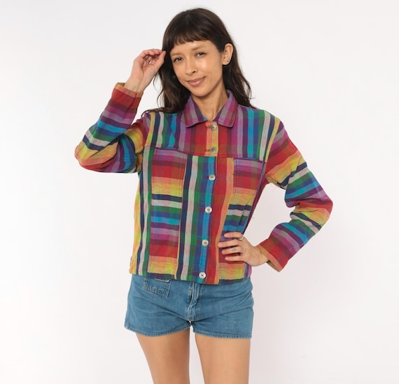 Y2K Rainbow Striped Jacket Chicos Button Front Cropped Cotton Colorful Multicolor Purple Red Teal Yellow Green Collared Spring Coat Small S