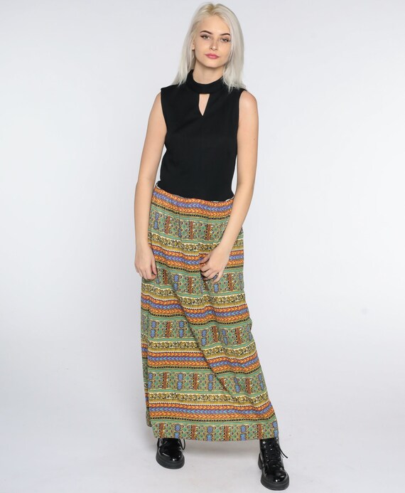 70s Maxi Dress Geometric Print Boho Keyhole Hippie Choker Neck 1970s Sleeveless Black Striped High Waist Vintage Bohemian Medium