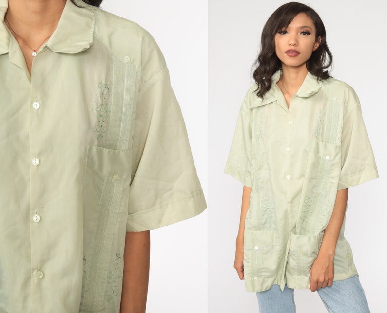 70s Oxford Shirt 2xl EMBROIDERED Shirt Light Green Shirt Cargo Pocket Button Up Shirt Short Sleeve 1970s Vintage Dagger Collar Men/'s xxl