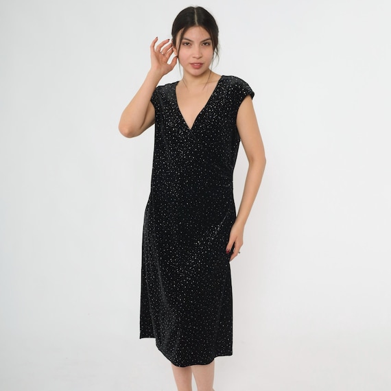 Vintage Black Velvet Dress 90s Glitter Star Print Party Cap Sleeve Faux Wrap Deep V Neck Ruched Waist Midi Length 1990s Night Out Large L