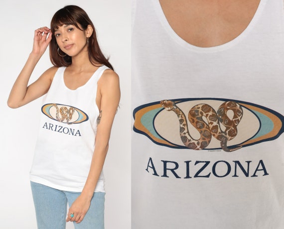 Arizona Tank Top Y2K Sleeveless T-Shirt Desert Snake Graphic Tee Wildlife Tourist Travel Souvenir T Shirt White Cotton Vintage 00s Small S