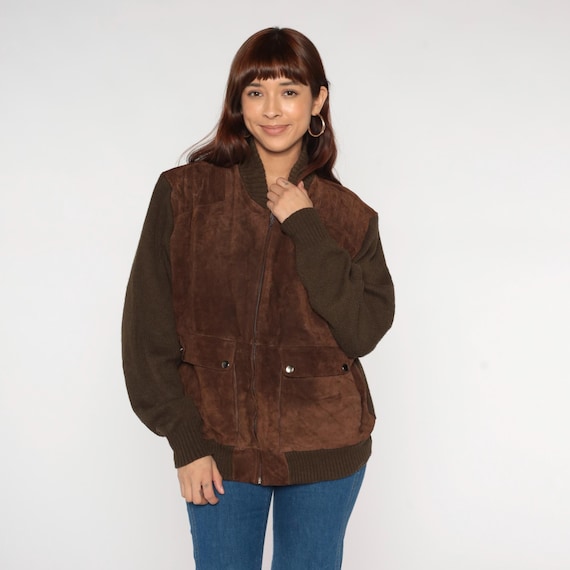 Brown Suede Bomber 80s Leather Jacket Mixed Material Knit Sleeves Zip Front Vintage Oakton Hippie Dark Academia Unisex Extra Large XL