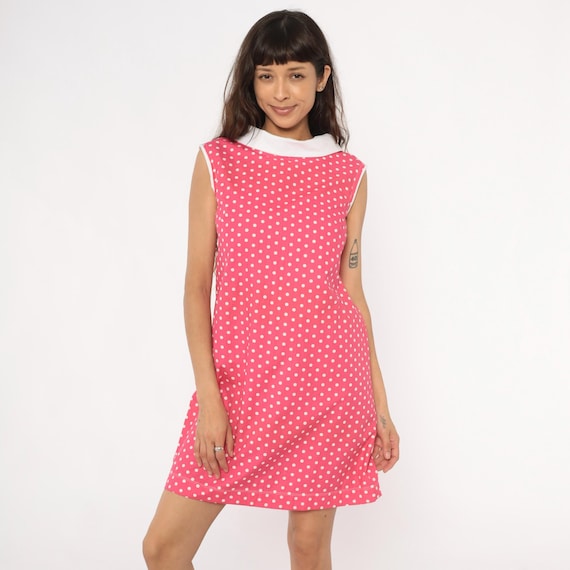 Pink Polka Dot Dress 90s White Peter Pan Collar Sleeveless Cotton Preppy Coquette Mod Vintage Coral Summer Sweet Cottagecore Coquette Small