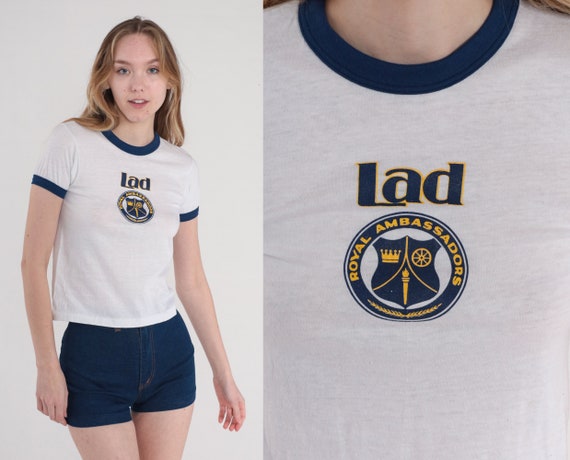 Royal Ambassador Shirt 80s Baptist T-Shirt Lad Graphic Ringer Tee Christian Ministry TShirt Retro Single Stitch White Blue Vintage 1980s XS
