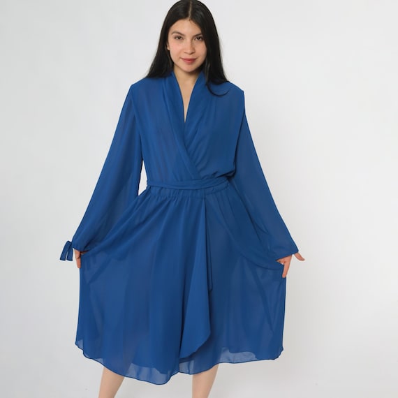 Royal Blue Dress 80s Wrap Long Sleeves Tie Waist Secretary Midi Business Professional Office Chic Elegant Polished Timeless Classic Large L