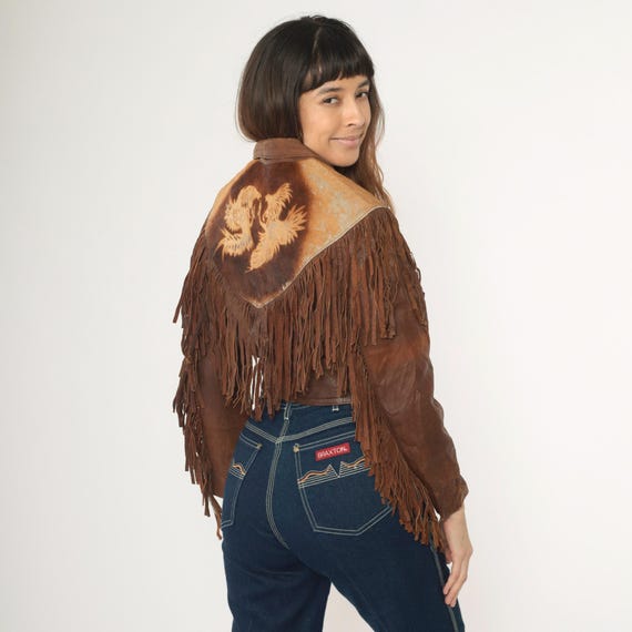 Vintage Fringe Leather Jacket 70s 80s Brown Cowhide Yoke Western Eagle Print Hair On Hide 1970s Rodeo Boho Retro Long Sleeve Extra Small xs