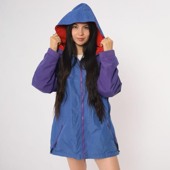 Colorblock Woolrich Windbreaker Y2K Purple Blue Hooded Jacket Vintage Zip Up Track Jacket Sporty Athletic Rain Coat Extra Large XL