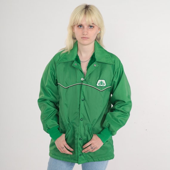 Green Windbreaker Jacket 70s Faux Fur Lined Snap Up Uniform Letterman Baseball Varsity Jacket Fleur De Lis Logo Vintage 1970s Medium