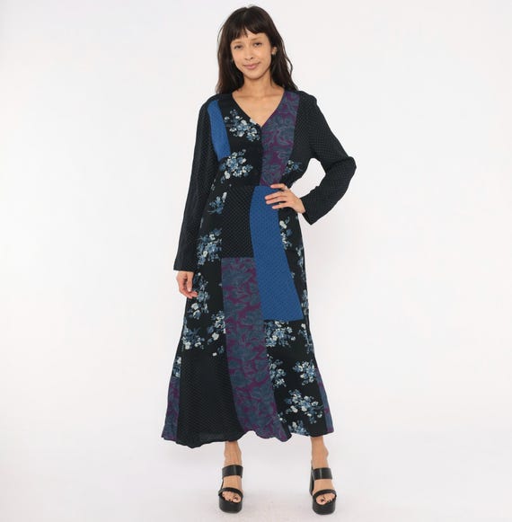 Patchwork Floral Maxi Dress 90s Button Front V Neck Long Sleeve Mixed Blue Black Purple Polka Dot Leaf Carole Little Vintage Rayon Medium M