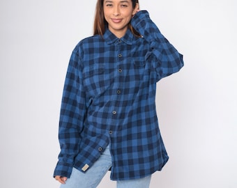 Camisa a cuadros estilo búfalo, años 90, camisa con botones, azul, negra, retro, a cuadros, manga larga, algodón grueso, vintage, años 90, para hombre, talla extra grande, talla XL, talla alta
