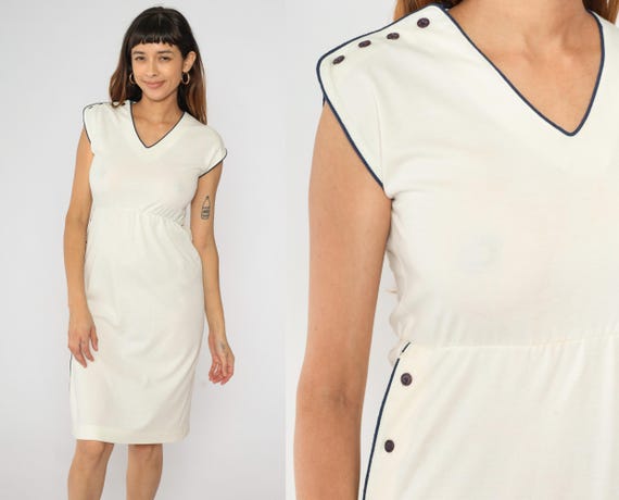 Vintage 80s Cream Dress Cap Sleeve V-Neck Retro Button Shoulder Midi Dress 1980s Secretary High Waist Vintage 1980s Extra Small xs