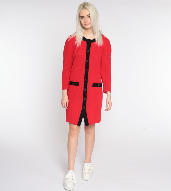 Red Mini Dress 80s Button Up Dress Mini Long PUFF SLEEVE Dress Acrylic Knit Black Trim Vintage Shift 1980s Plain Secretary Sheath Small
