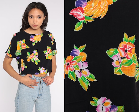 Tropical Crop Top 90s Black Floral Shirt Pineappl… - image 1