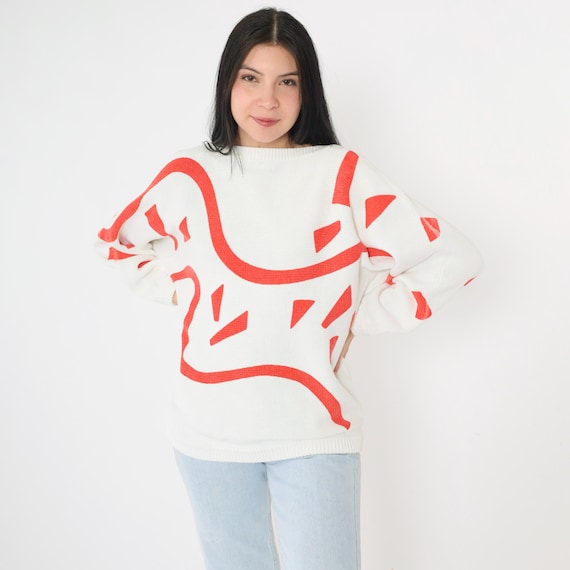 Vintage Abstract Cotton Sweater 80s 90s Red White Graphic Geometric Print Boatneck Dolman Sleeve Slouchy Knit Made in Hong Kong Small S