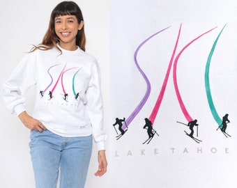 Ski Lake Tahoe Sweatshirt 90s Embroidered California White Skier Graphic Crewneck Vintage 1990s Athletic Snow Sports Crazy Shirts Medium