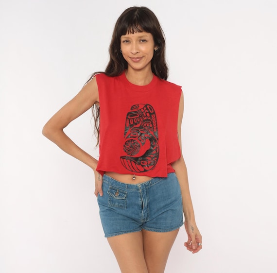 80s Pacific Northwest Crop Top Art Tee Red Sleeveless Cut Off Muscle Shirt Black Tribal Totem Cotton Boxy Fit Crimson Tank Vintage Small S