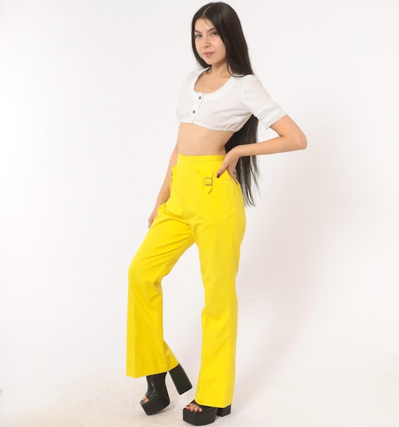 70s Yellow Flare Pants High Waist Buckle Detail Cotton Bootcut Trousers Lemon Straight Leg Slacks Vintage Disco Bell Bottom Extra Small XS
