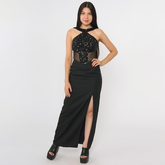 Vintage Black Sequin Gown 90s Formal Halter Mesh Inset Open Back High Front Slit Skirt Evening Dress 1990s Glam Party Extra Small xs 00