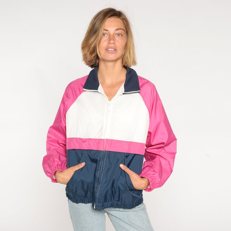 Color Block Windbreaker 90s Zip Up Jacket Retro Pink White Blue Striped Lightweight Shell Hipster Streetwear Nylon Vintage 1990s Medium M image 2